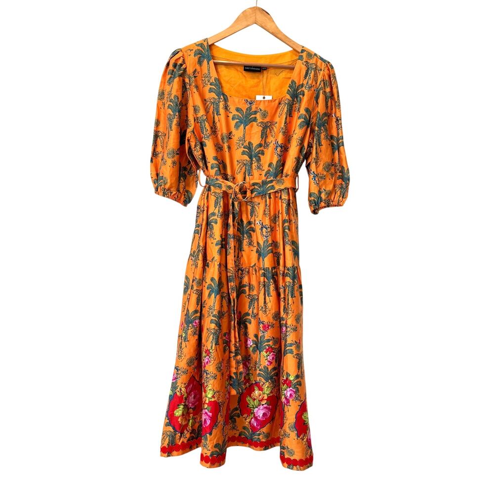 Emily Lovelock Tropical Palm Print Puff Sleeve Belted Cotton Maxi Dress NWT 8/10